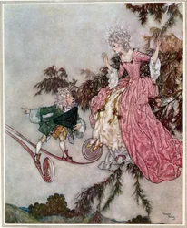 Mutta uutisen siitä toi hänelle pieni kääpiö, joka omisti seitsemän liigan saappaat", kuvitus elokuvasta "Nukkuva kaunotar", julkaistu 1910 (värilitografia).
