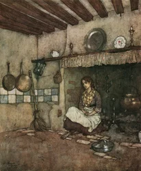 Tuhkimo: nuori Tuhkimo istuu tuhkan keskellä savupiipussa, n.1910 (litografia).