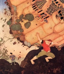 ”Hei ystävä, ota koko linna sekä kuningatar ja kaikki, mitä se sisältää, harteillesi”, kuvitus belgialaiseen satuun Mississippin kuningattaren seitsemän valloittajaa, teoksesta Edmund Dulac