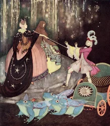 ”Prinssi otti vaunut, joita veti kolme suurta, valtavasiipistä sammakkoa. Truitonne tuli salaperäisesti ulos pienestä ovesta”, kuvitus ranskalaiseen satuun Sininen lintu, Edmund Dulacin kirjasta Fairy-Book: Liittoutuneiden kansakuntien satuja, julkaistu