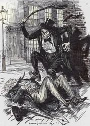 Mr. Hyde murhaa Sir Danvers Carewin, Edmund Joseph Sullivanin (1869-1933) kuvitus Robert Louis Stevensonin (1850-1894) romaaniin ”Tohtori Jekyll ja herra Hyde”, 1927 (Mr. Hyde hakkaa Sir Danvers Carewin kuoliaaksi ”apinamaisella raivolla” o