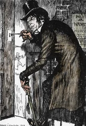Mr Hyde palaa seikkailuntäyteisen yön jälkeen kotiin ottamaan vastalääkkeen ja palauttamaan Dr. Jekyllin ulkomuodon. Edmund Joseph Sullivanin (1869-1933) kuvitus Robert Louis Stevensonin (1850-1894) romaaniin "Tohtori Jekyll ja herra Hyde"