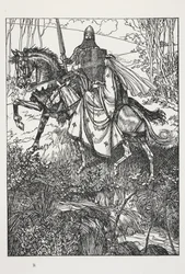 Sir Launcelot ja kuningatar Guinevere, kuvitus Alfred, Lord Tennysonin teoksesta Unelma reiluista naisista...
