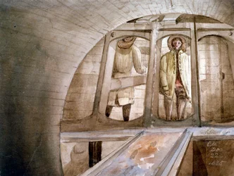 Näkymä kilpestä, jota käytettiin Thames-tunnelin rakentamisessa Lontoossa, 1835