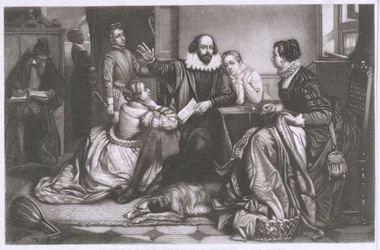 Shakespeare perheensä kanssa Stratfordissa, lausumassa Tragedia Hamletia (pistekaiverrus ja etsaus)