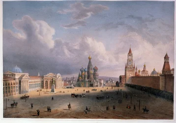 Näkymä Punaiselle torille Moskovassa (Venäjä). Edouard Jean Marie Hosteinin (1804-1889) teos, akvarellivärinen litografia, noin 1830, 1800-luvun ranskalaista taidetta. A. Pushkinin muistomuseo, Pietari.
