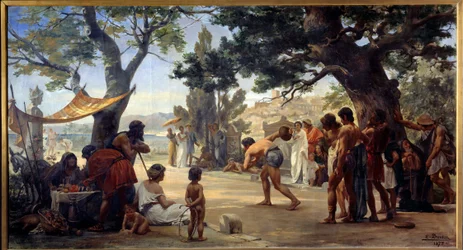 Kreikkalainen antiikki: "" Levypeli"" (diskobolus) maalaus, kirjoittanut Joseph Dantan (1848-1897) 1875 Rouen, Museum of Fine Arts