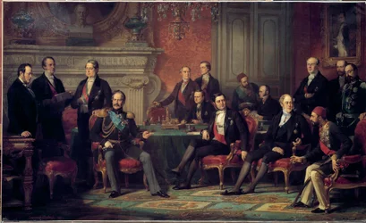 Pariisin kongressi kokoontui 25. helmikuuta - 30. maaliskuuta 1856 Krimin sodan päätteeksi Napoleon III:n ja Euroopan valtioiden ulkoministerien johdolla. Édouard Louis Dubufen (1820-1883) maalaus. 1856. Kangas. 3,08 x 5,10 m