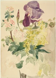 Kukkakappale, jossa on iiristä, sarvenumia ja geraniumia. 1880