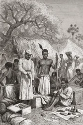 Abdullah Souzi, Jacob Wainright ja James Chouma, tohtori David Livingstonen kolme palvelijaa, arvioivat hänen omaisuuttaan hänen kuolemansa jälkeen vuonna 1873, kuvitus teoksesta "The World in the Hands", kaiverrettu Charles Barbant