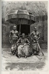 Ardjoumani (kuoli 1892) ja hänen poikansa, Bondoukoun kuningas (Norsunluurannikko). Rioun kaiverrus havainnollistamaan kapteeni Louis Gustave Bingerin (1856-1936) tarinaa "" Nigeristä Guineanlahdelle" vuosina 1887-1889, Le tour du monde, nouveau journal de
