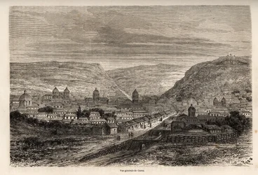 Yleiskuva Cuscosta tai Cuscosta, entisestä inkojen pääkaupungista, piirros Riousta havainnollistamaan Paul Marcoyn matkaa Etelä-Amerikan halki vuosina 1848–1860. Kaiverrus kirjaan "" Le tour du monde", toimittanut Edouard Charton