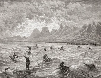 Havaijilaiset surffaavat, kuvitus teoksesta "The World in the Hands", kaiverrettu Charles Barbant (k.1922), julkaistu 1878 (kaiverrus)