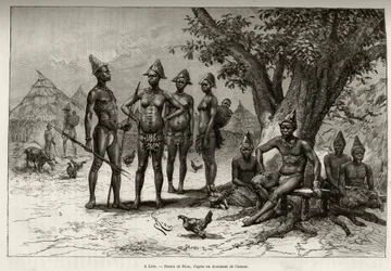 Lerassa (tai Derassa, Nigerissä) Mandes-tyypit. Rioun kaiverrus havainnollistamaan kapteeni Louis Gustave Bingerin (1856-1936) tarinaa "" Nigeristä Guineanlahdelle"" vuosina 1887-1889 Le tour du monde -lehdessä, nouveau journal des voyages, ohjaajana