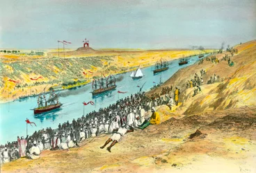 Suezin kanavan avajaiset. Kanava rakennettiin yhdistämään Punainenmeri Välimereen. Edouard Rioun (1833-1900) kuvitus, 1869, yksityiskokoelma