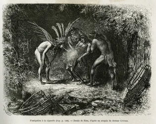 Lääketieteellinen kaasutus savukkeilla Roucouyan-intiaanien keskuudessa. Rioun kaiverrus havainnollistamaan Cayenne aux Andien tarinaa. Jules Crevaux, Ranskan laivaston tohtori, vuosina 1878-1879, julkaistiin Tour du mondessa Edouard Chartonin johdolla.
