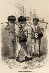 Soittimien soittajat Sarayacussa (Peru), Rioun piirustus havainnollistamaan Paul Marcoyn matkaa Tyyneltämereltä Atlantin valtamerelle vuosina 1848–1860. Kaiverrus kirjaan "" Le tour du monde", toimittanut Edouard Charton
