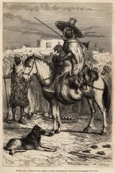 Muotokuva arabikauppiasta, joka tuo tavaransa (lammas, siipikarja...) hevosensa selässä torille; tuotteet esitetään koreissa tai matoilla maassa, kaiverrus E.Rioun piirustuksen mukaan, joka kuvaa matkaa Tlemceniin (Algeria), kirjoittanut E. de L
