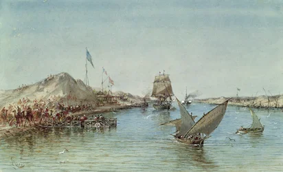 Laivaliikennettä Suezin kanavalla, keisarinna Eugénien (1826-1920) vuoden 1869 vihkiäisiin tekemää matkaa juhlistavasta muistoalbumista