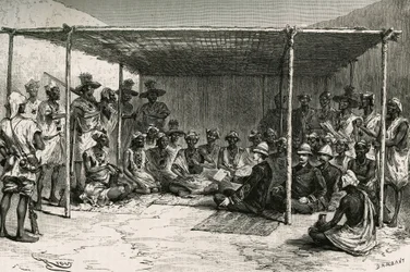 Sopimuksen, jolla Kitan maa (entinen Ranskan Sudan, nykyinen Mali) asetettiin Ranskan protektoraatin alle 25. huhtikuuta 1880 komentaja Joseph Gallienin (1849-1916) ja Tokontan Keitan välillä. Rioun kaiverrus, au:n luonnoksen perusteella