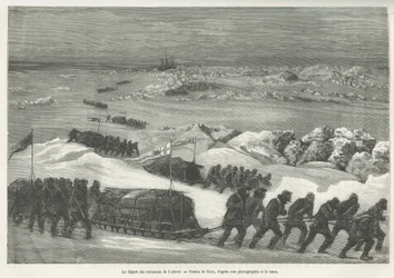 Naparetkikunnan laivan Alert-kelkkojen lähtö, Rioun piirustus kuvaamaan kapteeni G.S.Naresin tarinaa matkasta napamerelle vuosina 1875-1876. Kaiverrus kirjassa Le tour du monde