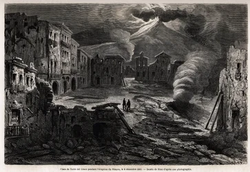 Torre del Grecon aukio Vesuven purkauksen aikana 8. joulukuuta 1861, Rioun piirustus kuvaamaan Marc Monnierin kävelyretkiä Napolissa vuonna 1862. Kaiverrus kirjaan "" Le tour du monde", toimittanut Edouard Charton
