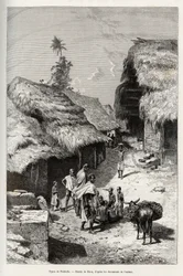 Pakhala-tyypit (Norsunluurannikko). Rioun kaiverrus havainnollistamaan kapteeni Louis Gustave Bingerin (1856-1936) tarinaa "" Nigeristä Guineanlahdelle"" vuosina 1887-1889 Le tour du monde -lehdessä, nouveau journal des voyages, ohjaajana Edouard Cha