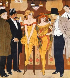 Karikatyyri prostituoiduista asiakkaineen, julkaisusta "Le Rire"