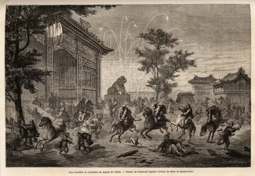 Ilotulitus Pekinissä ja Ranskan lähetystön miehistön hämmennystä lähdössä Mongoliaan. Vaumortin (? -1886) piirros havainnollistaa Ranskan Kiinan ministerin M. de Bourboulonin matkaa Shanghaista Moskovaan vuosina 1859–1862. Kaiverrus