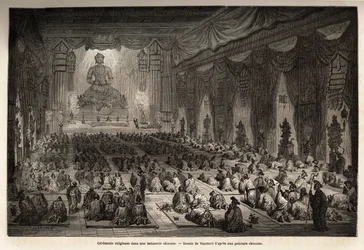 Uskonnollinen seremonia kiinalaisessa lamasseressa, piirustuksena Vaumort (? -1886), havainnollistamaan Ranskan Kiinan ministerin M. de Bourboulonin matkaa Shanghaista Moskovaan vuosina 1859–1862. Kaiverrus kirjassa "" Le tour du monde", toimittanut Edouar