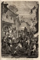 Vaatekauppiaiden katu, Kalgan, Mongolia. Vaumortin (? -1886) piirros havainnollistaa Ranskan Kiinan ministerin M. de Bourboulonin matkaa Shanghaista Moskovaan vuosina 1859–1862. Kaiverrus kirjassa "" Le tour du monde"", toimittanut Edouard Chart