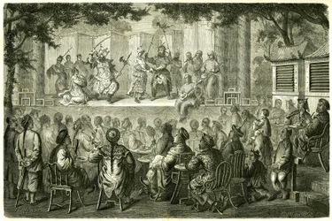 Näkymä Opera de Pekinin (Peking) esityksestä Kiinassa Madame de Bourboulonin matkatarinan jälkeen. Kaiverrus Vaumortin piirustuksen jälkeen julkaisussa "" Le Tour du Monde, Nouveau Journal des Voyages", toimittanut Edouard Charton, Paris