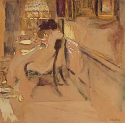 Madam Hessel Ompelu lampun alla, n. 1905