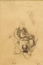 Madame Bénard assise avec étúde dessinée de son foulard