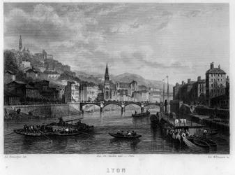 Näkymä Lyonin kaupunkiin, Rhônen departementissa, Rhône-Alpesin alueella, Ranskassa. Willmannin kaiverrus Jean-Bernard Mary-Lafonin teokseen "La France ancienne et moderne" (Jean Bernard Mary Lafon)