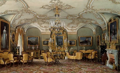 Näkymä Alexandra Fjodorovnan (Fedorovna tai Fedorovna tai Charlotte of Preussia (1798-1860)), tsaari Nikolai I:n vaimon salonki Gatšinan palatsissa. Eduard (Edouard) Haun (1807-1870) akvarelli 1800-luvun Pietari, Eremitaaši