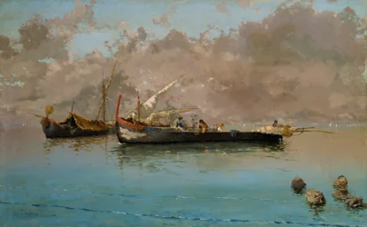 Marina kalastusveneineen, Eduardo Dalbono (1841-1915), öljy kankaalle, 64,5x104,5 cm