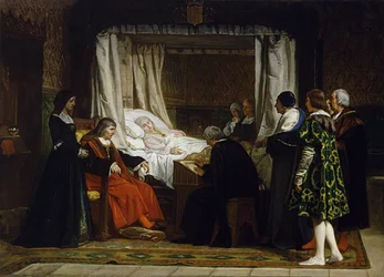 La Reine Isabelle la Catholique dicte son testamentti - Kastilian kuningatar Isabella I sanelemassa viimeistä tahtoaan - Eduardo Rosales Gallinan (1836-1873) maalaus - 1864 - Öljy kankaalle - 290x400 - Museo del Prado, Madrid