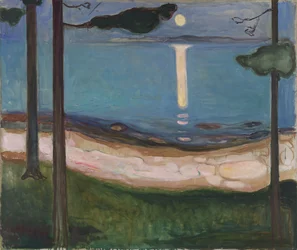 Pohjoismainen maisema kuunvalossa. (1863-1944) 1895, mitat 93 x 110 cm, Oslo, Nasjonalgalleriet
