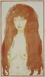 Alaston nainen, jolla on punaiset hiukset ja vihreät silmät. Seisova alaston punahiuksinen nainen, n. 1901