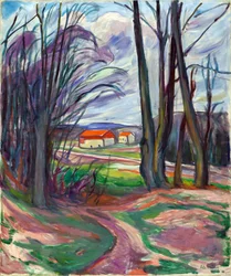 Maisema Skoyenissa (Oslo, Norja). Edvard Munchin (1863-1944) maalaus, öljy kankaalle, noin 1920. Norjan taide, 1900-luku, ekspressionismi. Yksityinen kokoelma.