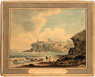 Tynemouthin linna pohjoisesta, 1800-luvun alku (akvarelli)