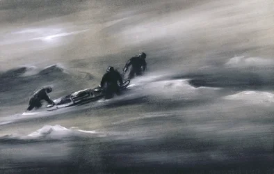 Kolme miestä kelkan kanssa lumessa, 1910-12