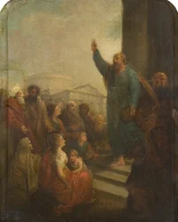 Pyhä Paavali saarnaa Ateenassa (tutkimus alttaritaulusta tai pienennetty kopio St Paulin alttaritaulusta, Portland Square, Bristol) (öljy kankaalle)
