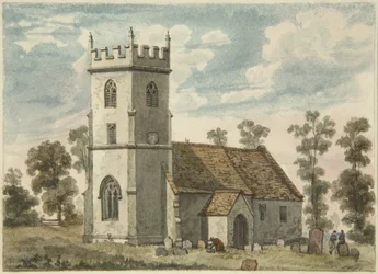 Tuntematon kirkko, ehkä Compton Greenfield, n. 1823 (kynä ja akvarelli paperilla)