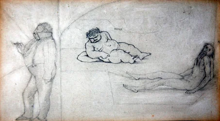 William Morris ja taiteilija höyrysaunassa, n. 1890 (kynä paperilla)