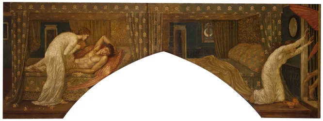 Amor ja Psyche - Palatsin vihreät seinämaalaukset - Lamppua pitelevä psyyke katselee nukkuvan Amorin ja psyyken kasvoja, 1881