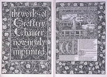 Nimisivu ja avaussivu Kelmscott Press -julkaisusta "The Works of Geoffrey Chaucer", 1896