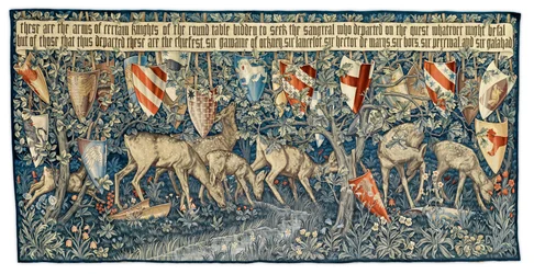 Verdure Deer and Shields, taiteilijan suunnittelema kuvakudos, jonka on kudonut Morris and Co, 1909