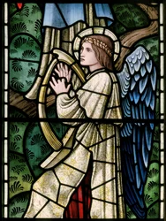 Wilden, All Saints, Morris & Co., Edward Burne-Jones, John Henry Dearle (1859-1932), Paratiisin enkelit, Enkelimuusikot, yksityiskohta, 1902-1914, Louisa, Alfred, The Baldwins, pääministeri, metodisti, Wo